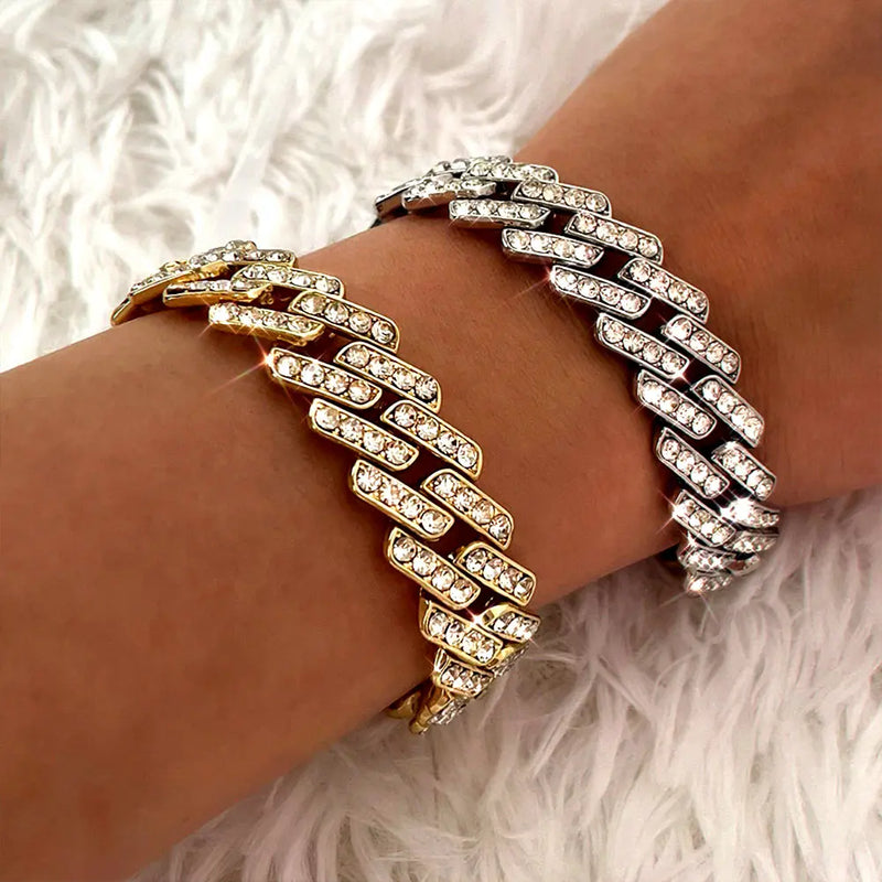 Fashion Bling Paved Rhinestone Prong Cuban Chain Bracelet for Women Men Hip Hop Iced Out Chunky Link Chain Bracelets New Jewelry