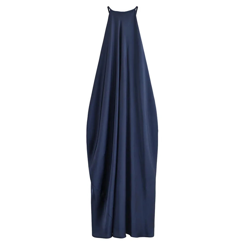 Elegant Satin Halter Backless Maxi Dress Women Loose Pleated O-neck Sleeveless Party Dresses 2026 Summer Lady Chic Holiday Robes