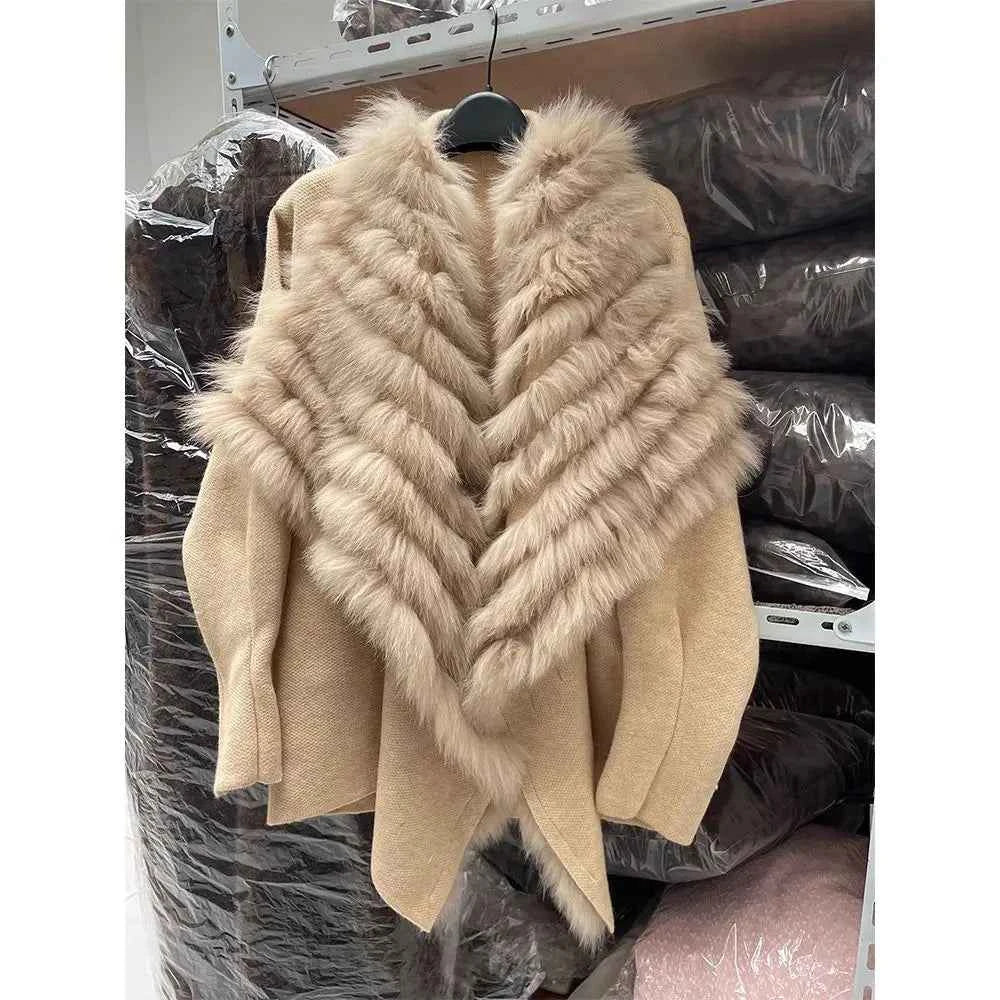 2025 Faux Fur Trim Knit Coat Fox Like Collar Plush Cardigan Women Winter Thick Designer Warm Touch