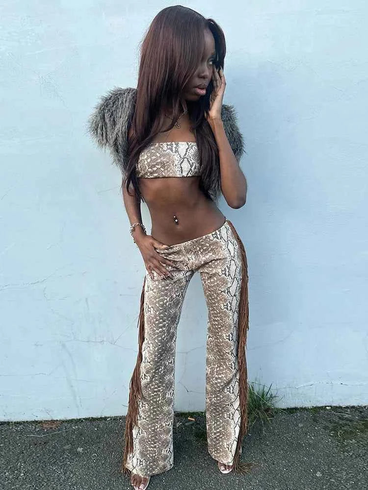 Weird Puss Side Tassel 2 Piece Set Women Tracksuit Mini Strapless+Straight Pants Matching Stretch Street Cool Hipster Outfits