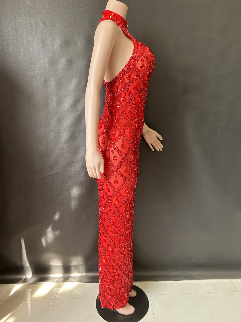 Women Sexy Stage Shining Rhinestone Sequins Dress Evening Prom Birthday Dress Transparent Performance Singer Club Host Dress  7G