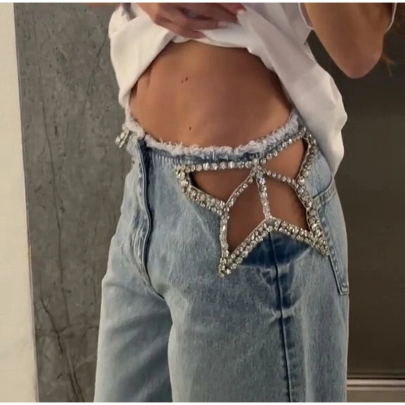 Y2k Hot Fix Rhinestone Cutout Women's Jeans Summer Street Low-rise Wide Leg Loose Denim Pants Lady New Fashion Party Trousers