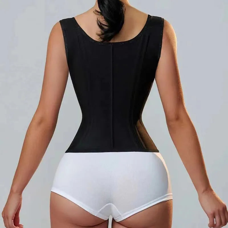 Colete de postura com cintura de malha elástica de alta qualidade com 15 ossos, modelo de barriga, cinto com cordão e zíper, top modelador retrô com seios grandes