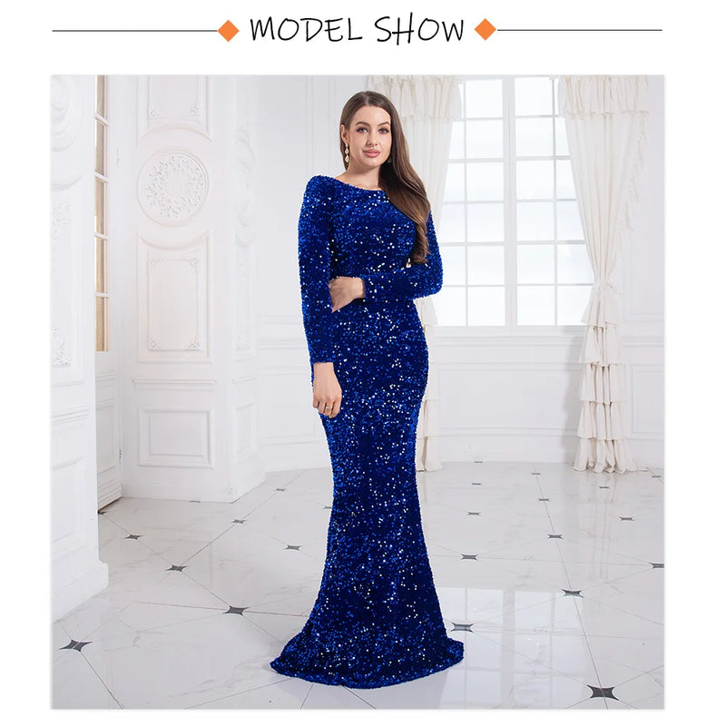 Romagic Elegant Women Modest Stretch Sequin Royal Blue Wedding Prom Gown Long Sleeves Mermaid Formal Evening Party Dress 2025
