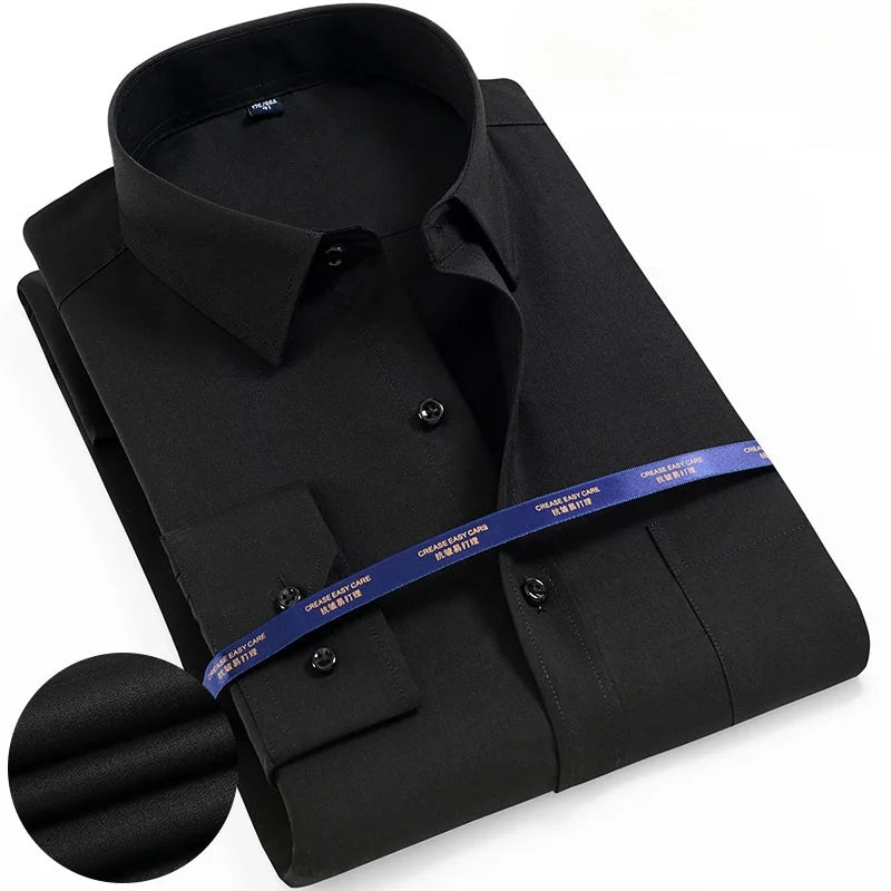 Camisa masculina de manga comprida, lisa, básica, formal, confortável, social, de ajuste padrão, fácil de cuidar, camisa de escritório, tamanho S-5XL
