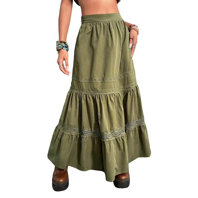 Saias plissadas vintage verdes dos anos 90, boho, férias, cintura alta, saias longas, retrô, Y2K, Fairycore, roupas fofas com acabamento em renda