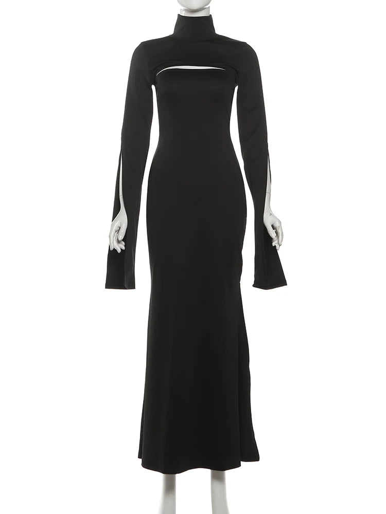 Nibber Fashion Chic 2-Piece Set Women Strapless Split Maxi Dress+Super Short Half-Sleeve Turtleneck Top Matching Elegant Outfits