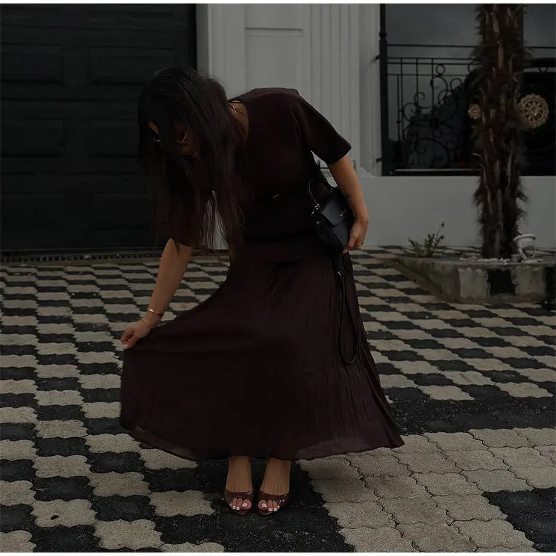 Vestido longo elegante com decote redondo e manga curta, moda feminina, liso, plissado, gaze, patchwork, 2025, novo, para escritório