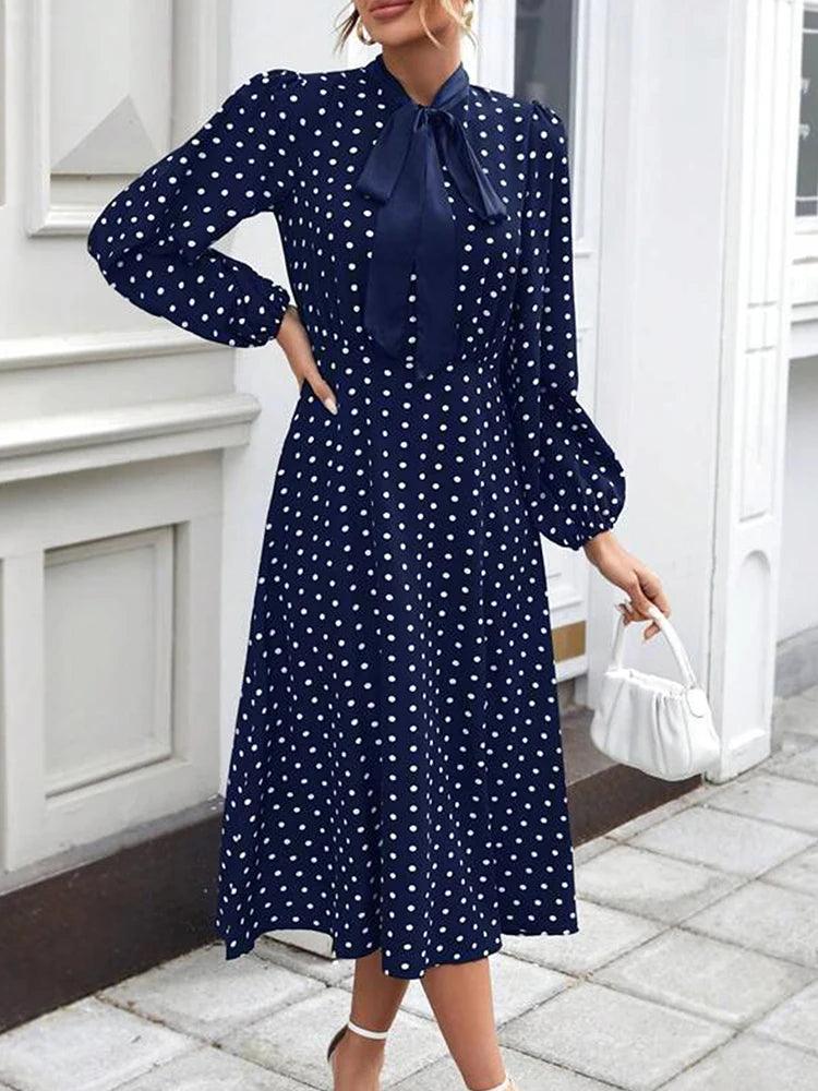 Women's Fashion French Full-body Polka Dot Print Tie Lantern Sleeve Small Stand Collar With Bow A Swing Dress - CRAVO ROSE