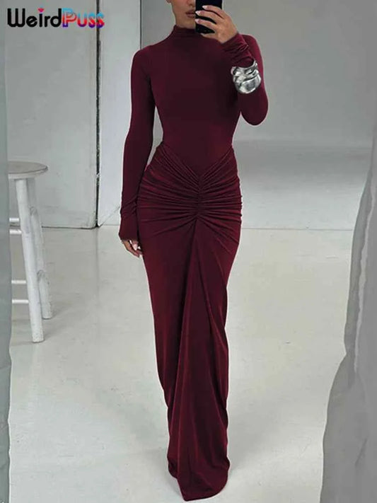 Weird Puss Hipster Ruched Dress Women o-NeckFull Sleeve  Skinny Stretch Robe Autumn Trend Simple Classic Pleats Long Bodycon