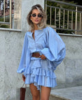 Vestido curto elegante com gola alta e borda de folha de lótus, retrô, floral, rosa, babados, manga comprida, moda urbana