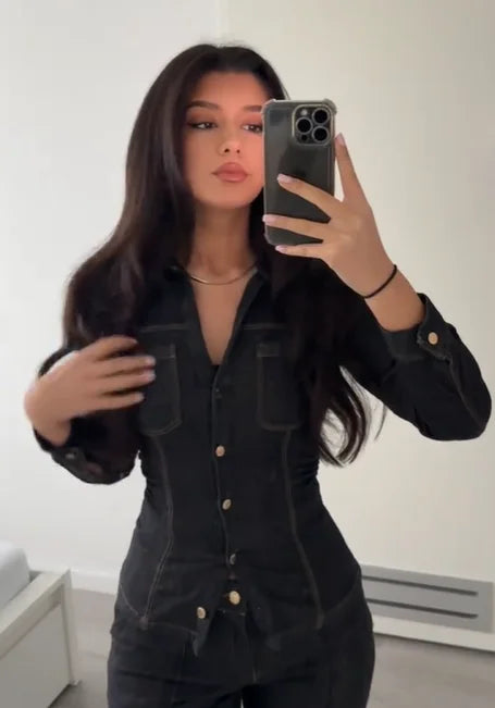 Women Fashion Denim Solid Top High Waist Pants Suits Casual Single Breasted Lapel Neck Shirts Pant Set Spring Lady Street Wear