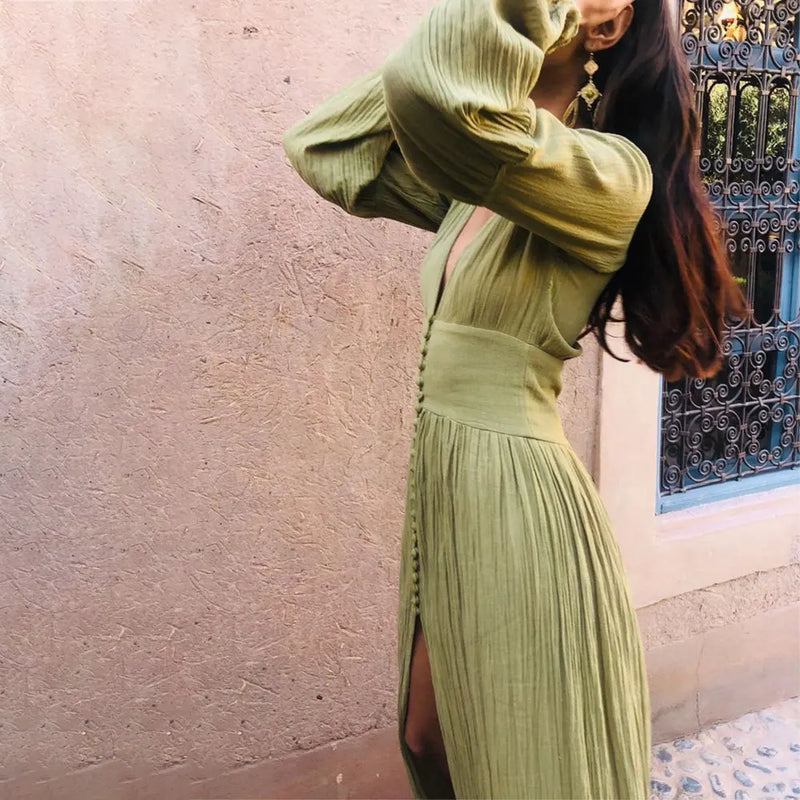 2023 New Women's Fashion French Retro V-neck, Waist Fold, Loose Split Style, Long sleeved Dress