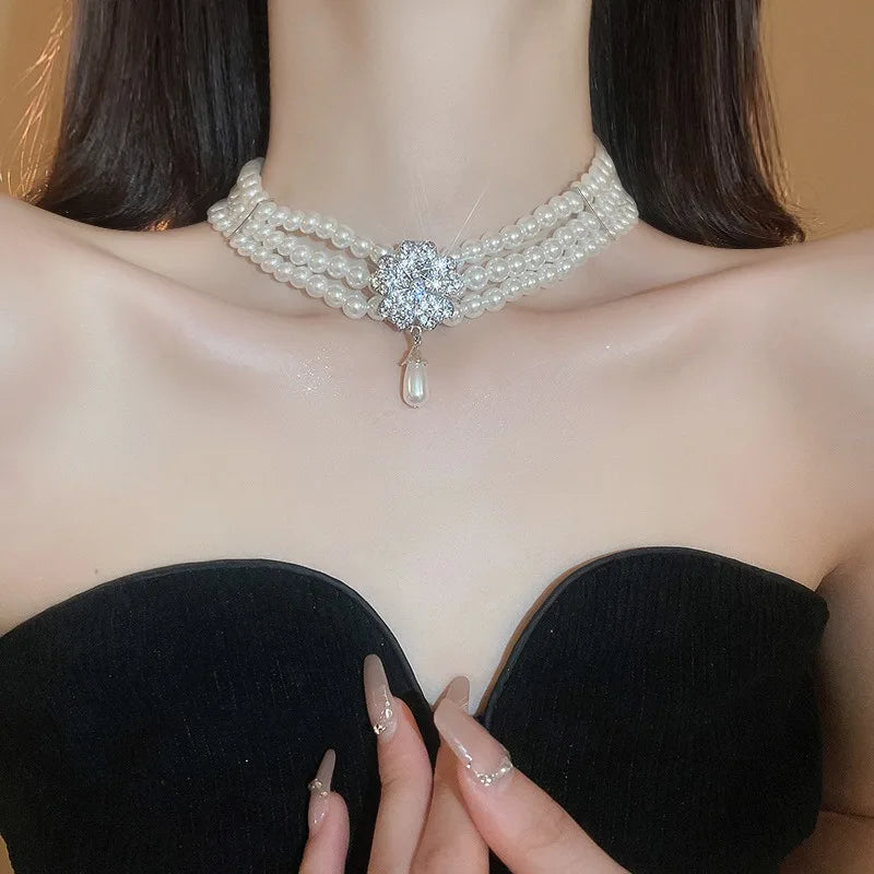 Flower Party Necklaces Women French Luxury Imitation Pearl Multi-layer Necklaces Bracelet Earrings Rhinestone Jewelry Sets K-