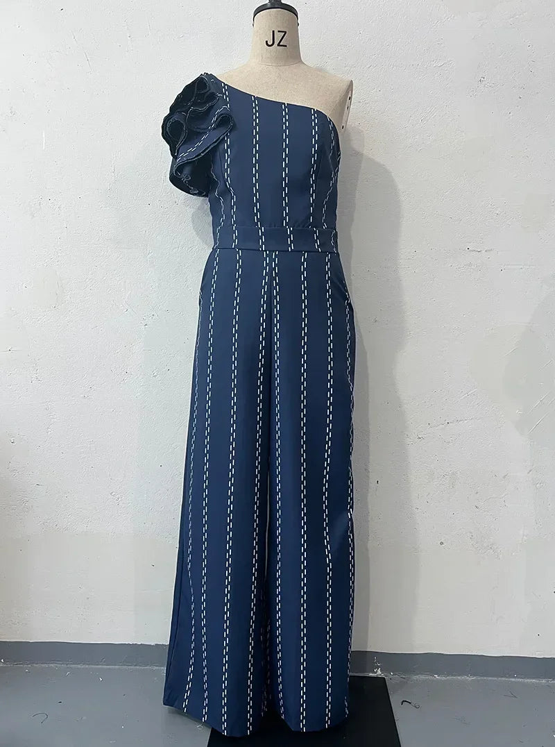 Macacão feminino listrado, gola torta, sem mangas, bolsos, peça única, calças largas, macacão para escritório