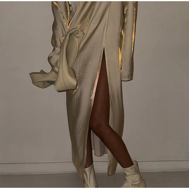 Fashion Solid Shiny Laser Color Splicing Long Dress Chic V Neck Full Sleeves Split Maxi Dresses Spring Women New Party Vestidos