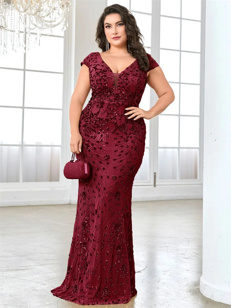 Lucyinlove Plus Size Elegant V-neck Sequins Floor Length Evening Dresses Cap sleeve Bridesmaid Party Cocktail Gowns