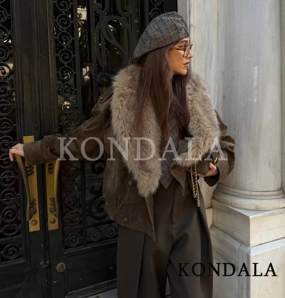 KONDALA Trendy Vintage Fur Collar Jacket Coat Women Elegant Double-breasted Suede Jacket 2026 Fall Winter High Street Jacket