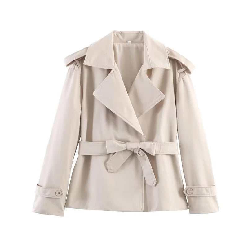 Women's Coat 2026 Spring New Style Solid Color Long Sleeve Belted Short Trench Coat European and American Personalized Fashion
