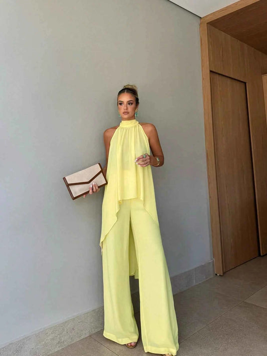 Ladies Elegant Chiffon Solid Color Semi-Transparent Top Bottoms Set Fashionable Translucent Outfit for Women