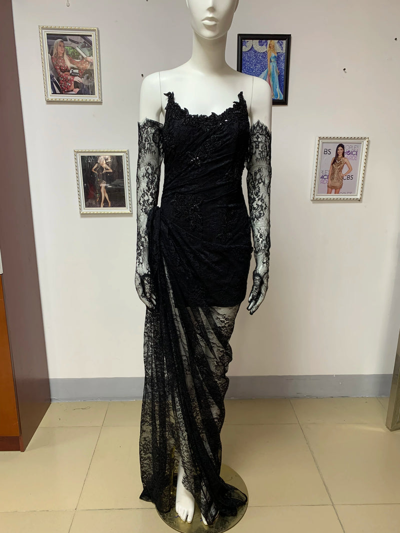 Luxury Designer Fashion Women Black Strapless Lace Embroidery Bodycon Open Leg Long Dress with Gloves Formal Evening Party Gowns
