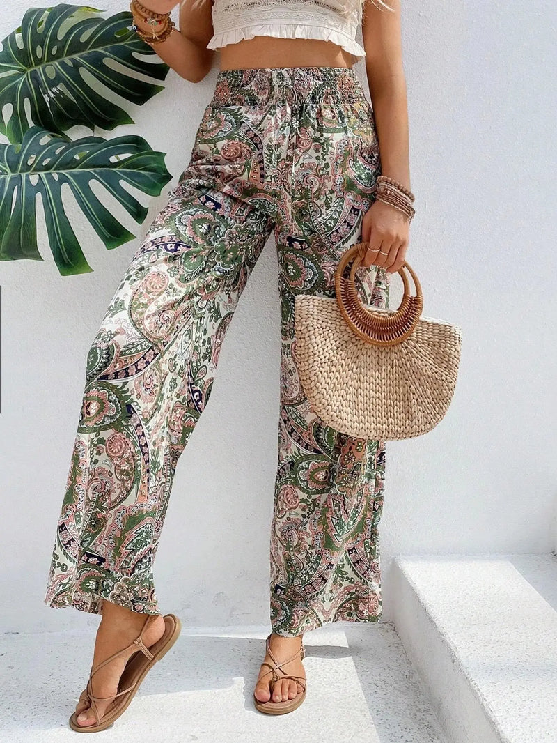 Calças de cintura alta com estampa da moda, pernas largas, primavera-verão, roupas femininas, calças casuais soltas, faixas elásticas, estilo boho, calças de praia