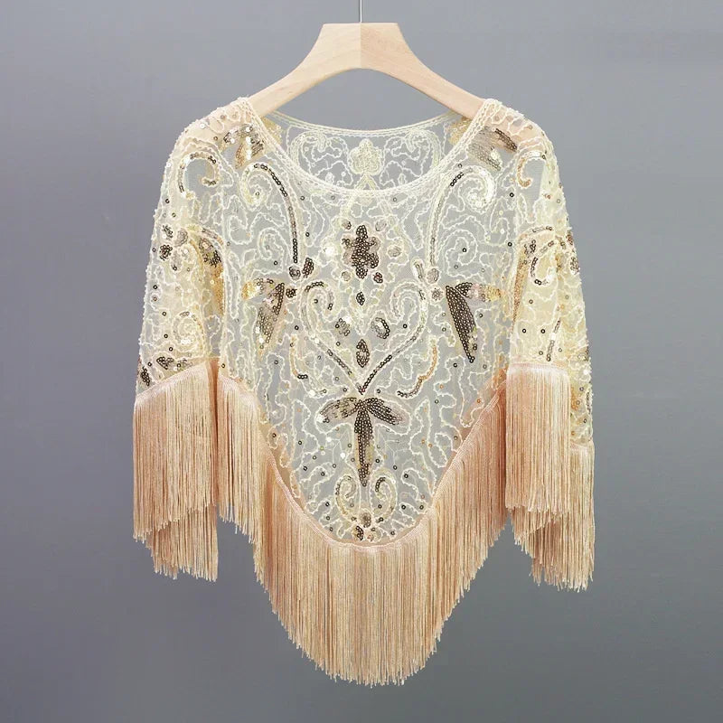 Summer Sequins Tassels Poncho Women Coat Party Outfits Cape Mesh Jacket Ladies Cloak Shawls Casaco Outerwear Wraps Woman Clothes