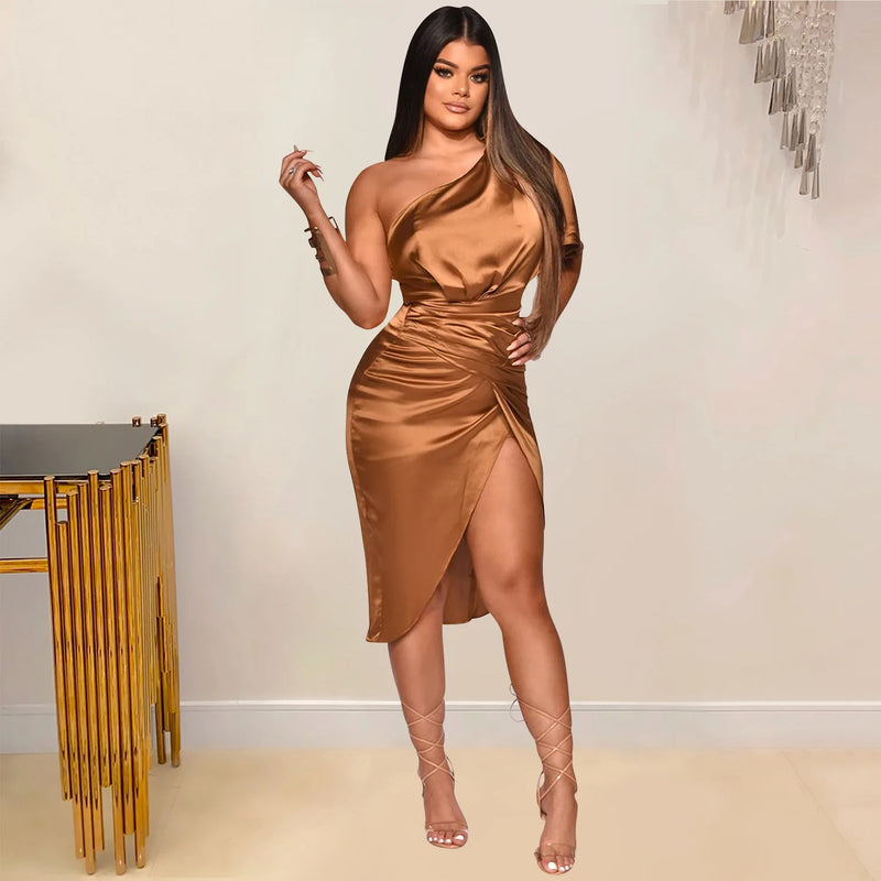 Clothing 2022 Summer Solid High Split One Shoulder Elegant Midi Dress For Woman Birthday Nightclub Party Club Dresses Vestidos
