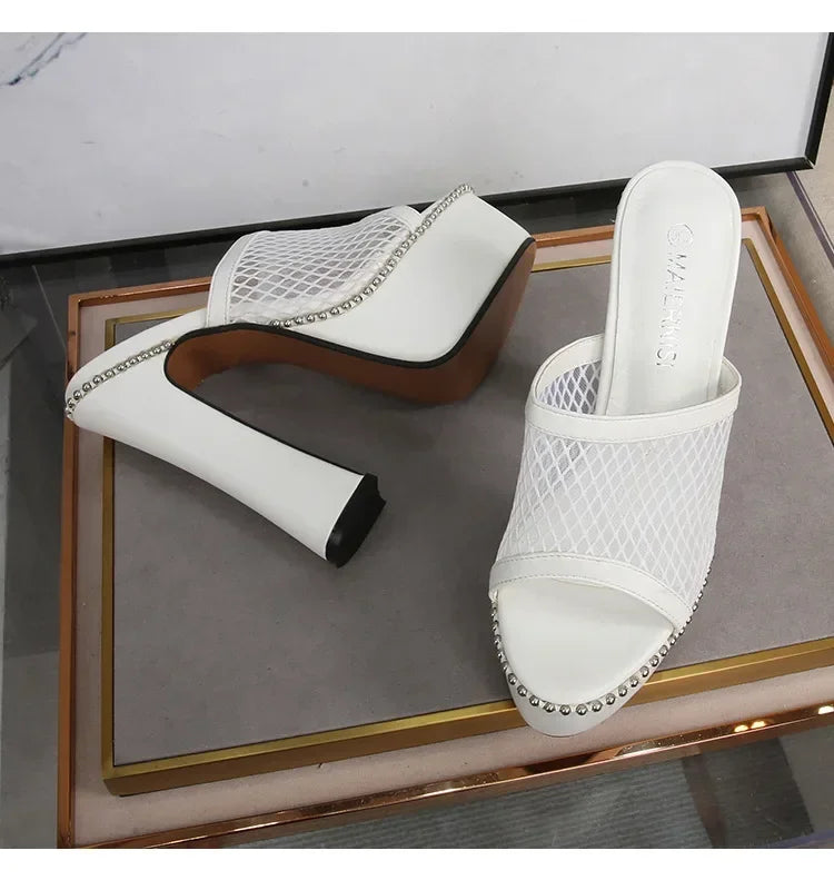 Women Mesh Lace Sandals  Summer Sexy High Heels Platform Slippers Ladies Fashion Bright Leather Comfort Open Toe Sandals