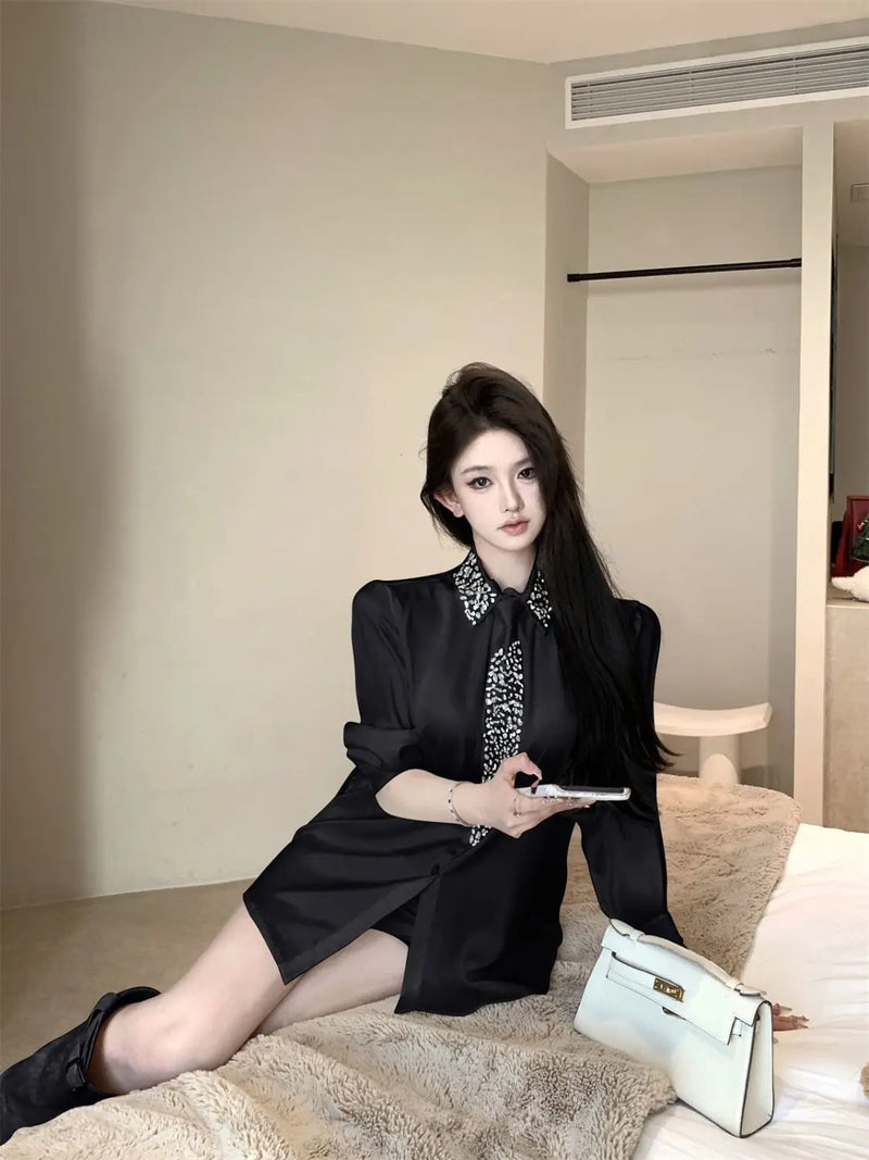 Camisas de cetim com gravata diamantes para mulheres, blusas soltas de manga comprida com lapela e lapela, elegantes francesas, para combinar com todas as mulheres, primavera 2025