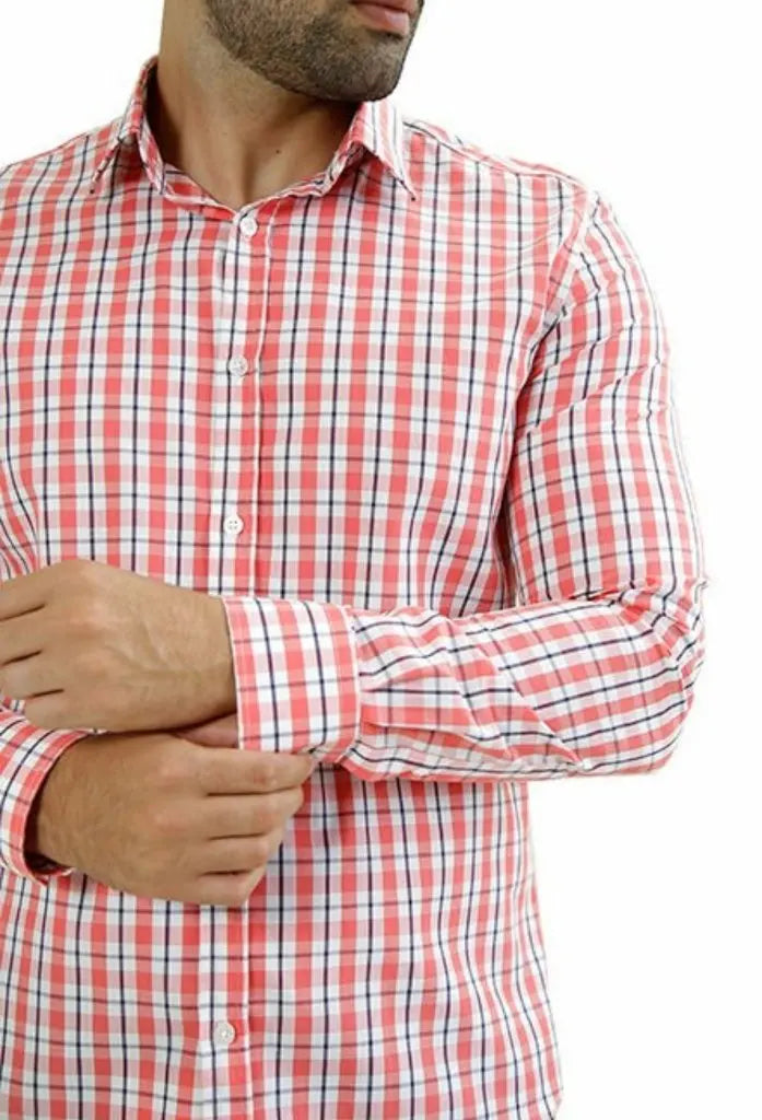 Men's Shirt L Sleeve Slim Fit Plaid Red/Br/Pto