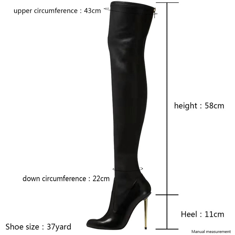 Botas femininas pretas da moda, cor sólida, salto alto fino, zíper traseiro de metal, botas acima do joelho