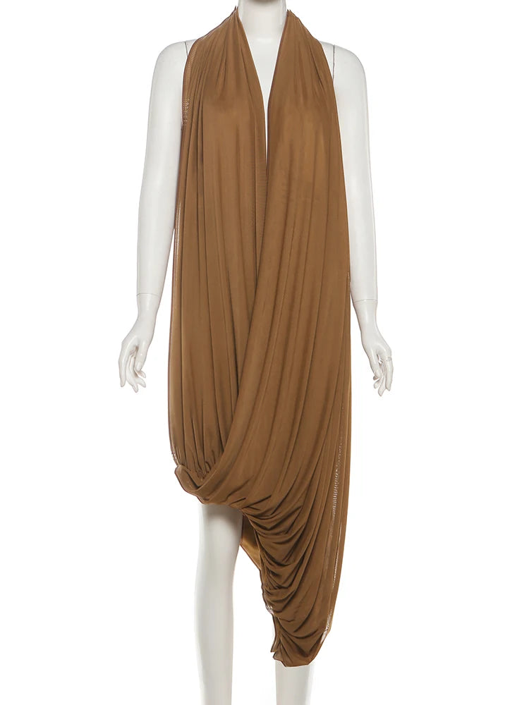 Nibber Ruched Halter Maxi Dress Women Sleeveless Backless Irregular Hem Solid Vacation Classic Basis Prom Party Elegant Vestidos