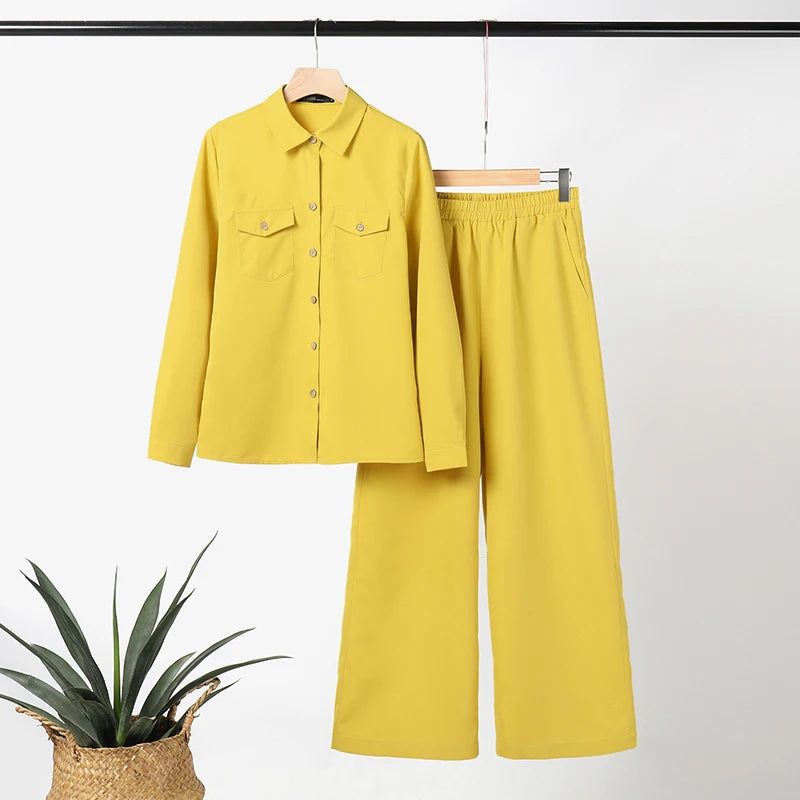 Women Elegant Lapel Neck Long Sleeve Shirt Pants Sets 2PCS Fashion Autumn Outifits Solid Work Trousers Suits Tracksuit