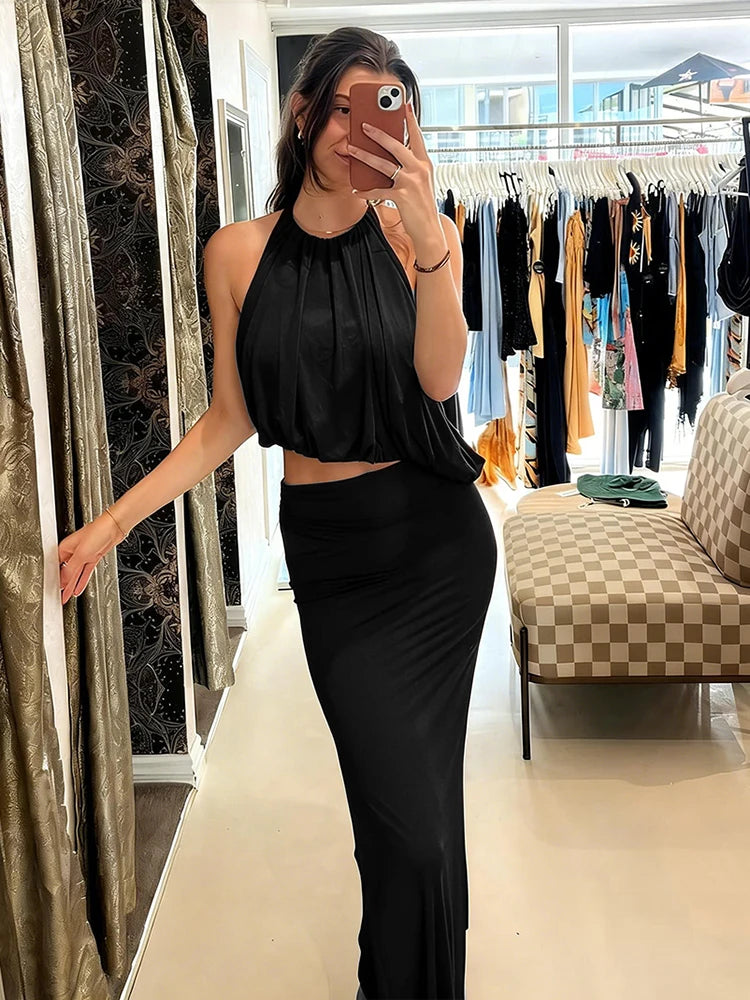 Kliou Elegant Style 2 Piece Set Woman Summer Trend Halter Backless Irregular Tank Tops+Long Skirts Vacation Beach Party Outfits