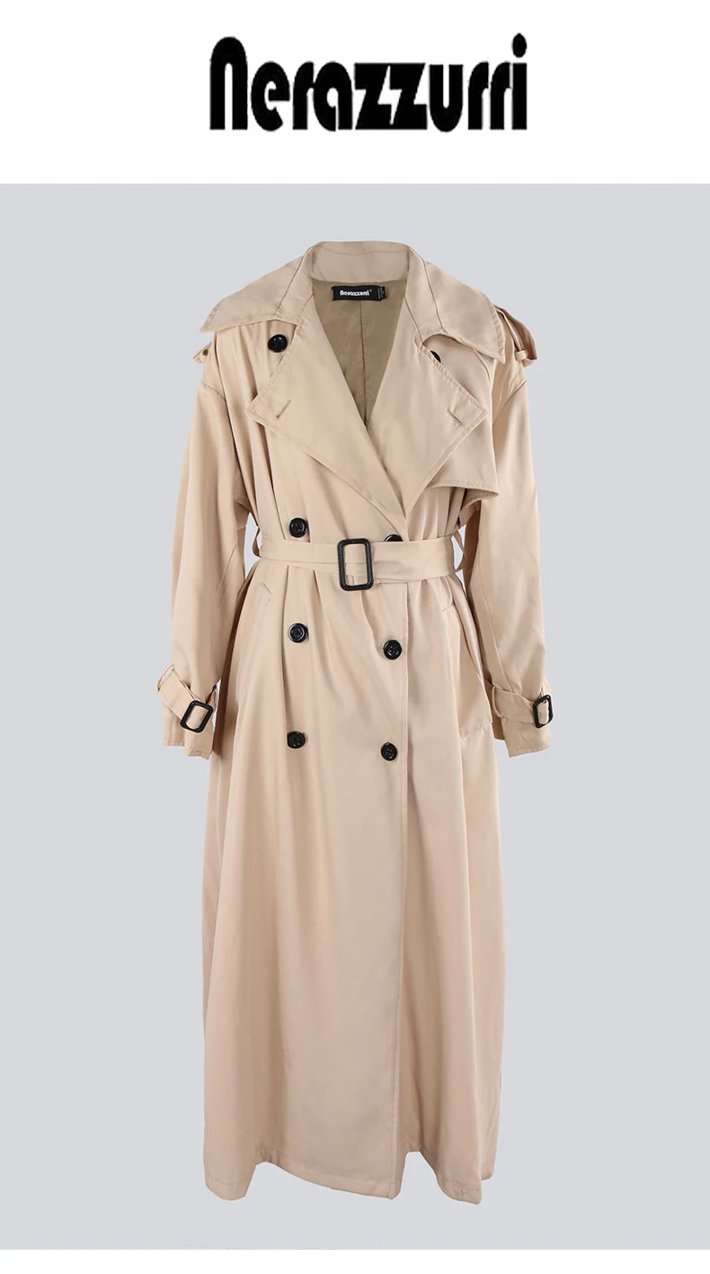 Nerazzurri Autumn Extra Long Oversized Khaki Flowy Soft Trench Coat for Women Back Slit Double Breasted Loose Casual Overcoat
