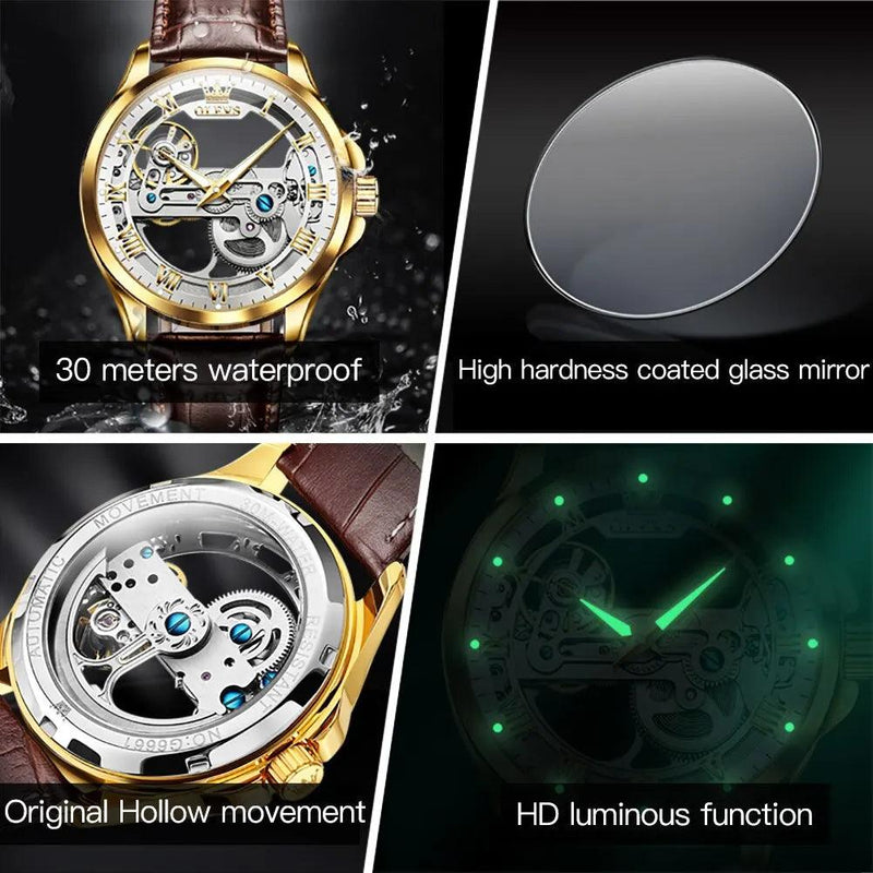 OLEVS Luxury Men Watches Automatic Mechanical Wristwatch Skeleton Design Waterproof Leather Strap Male Watch Reloj Hombre - CRAVO ROSE