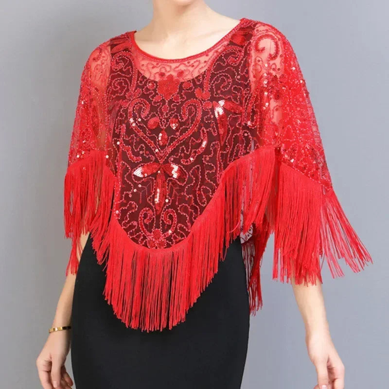 Summer Sequins Tassels Poncho Women Coat Party Outfits Cape Mesh Jacket Ladies Cloak Shawls Casaco Outerwear Wraps Woman Clothes