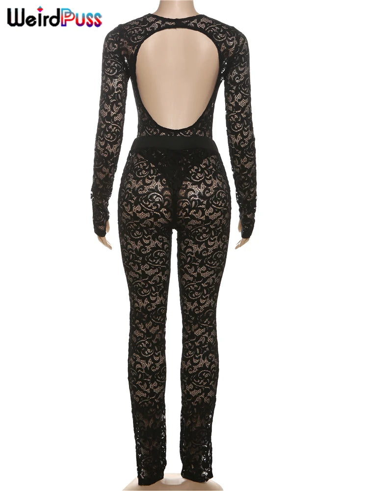Weird Puss See Through 2 Piece Set Women Sexy  Hollow Jacquard Backless Bodysuit+Leggings Tight Activity Clubwear Skinny Outfits