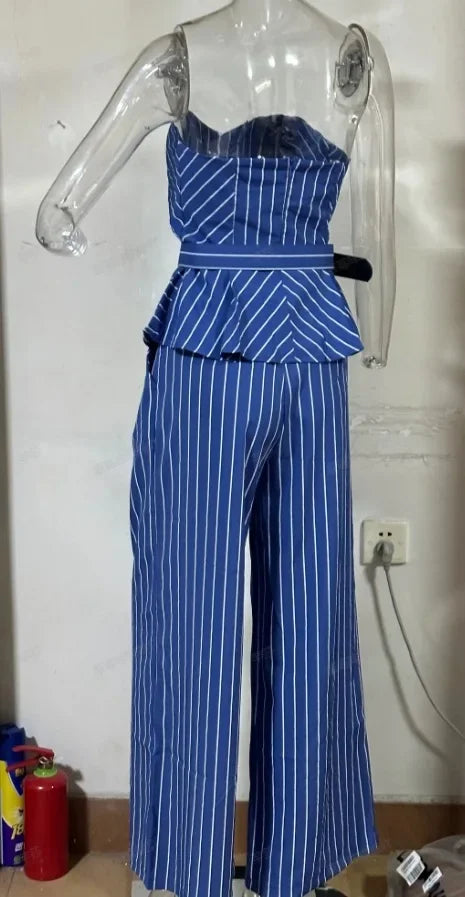 Sleeveless Strapless Tank Top Stripes Printed & Long Wide Leg Pants Women 2pcs Clothes Set Office