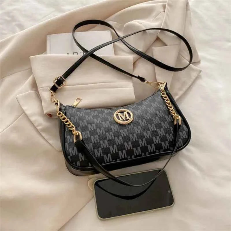 Vintage Style Handbag Crossbody Bag, Gold Letter 'M' Design Pu Leather Shoulder Messenger Bag, Synthetic Leather Tote Bag, Purse