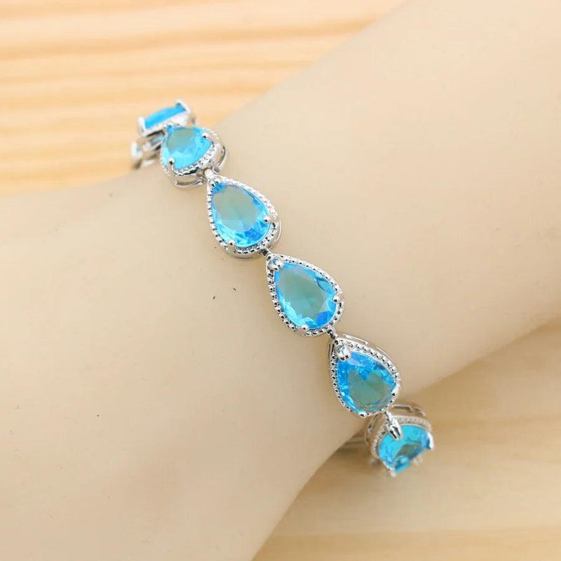 Fashion Sky Blue Water Drop Zirconia 925 Silver Jewelry Sets for Women Earrings Necklace Pendant Ring Bracelet Wedding Gift - CRAVO ROSE