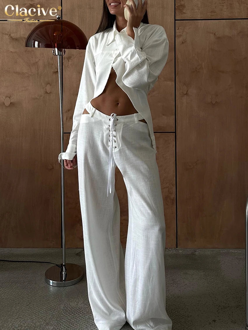 Conjunto de Duas Peças Elegantes Camisa de Manga Longa com Cintura Média Calças Largas Conjunto Streetwear