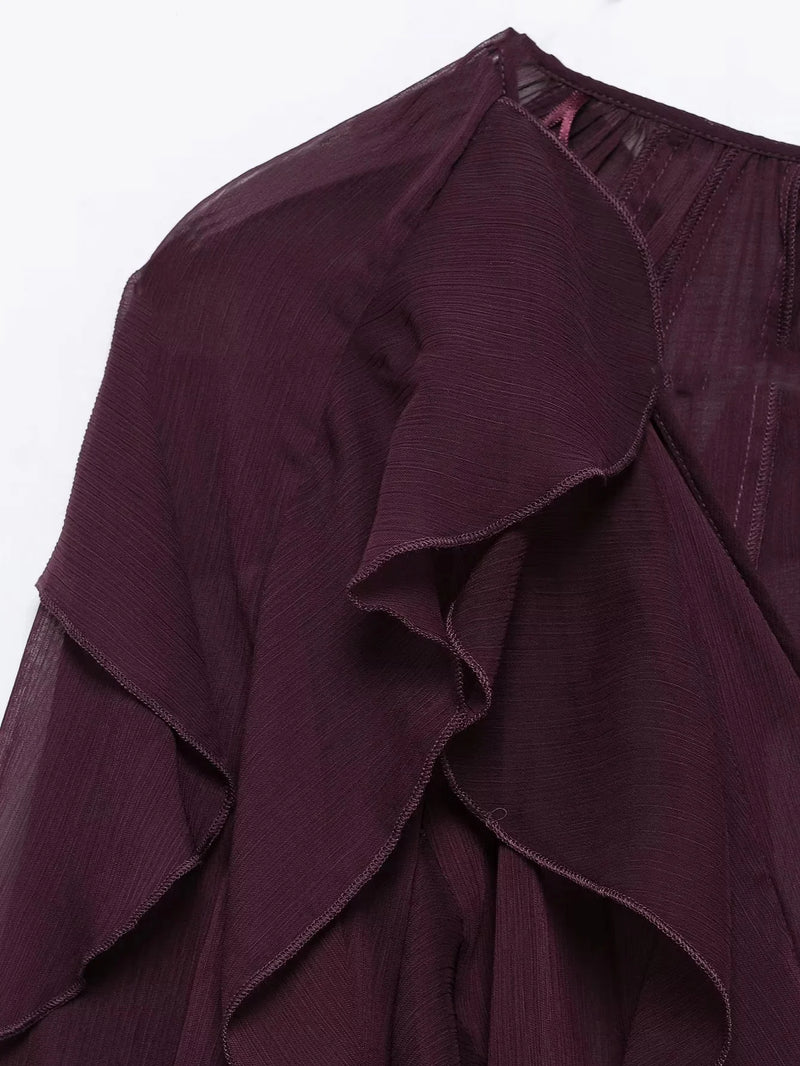 TRAFZA Vintage Chic Solid Women Blouse Tierred V-Neck Long Sleeve Single Breasted Loose Blouse Fashion 2025 Spring Summer Shirts
