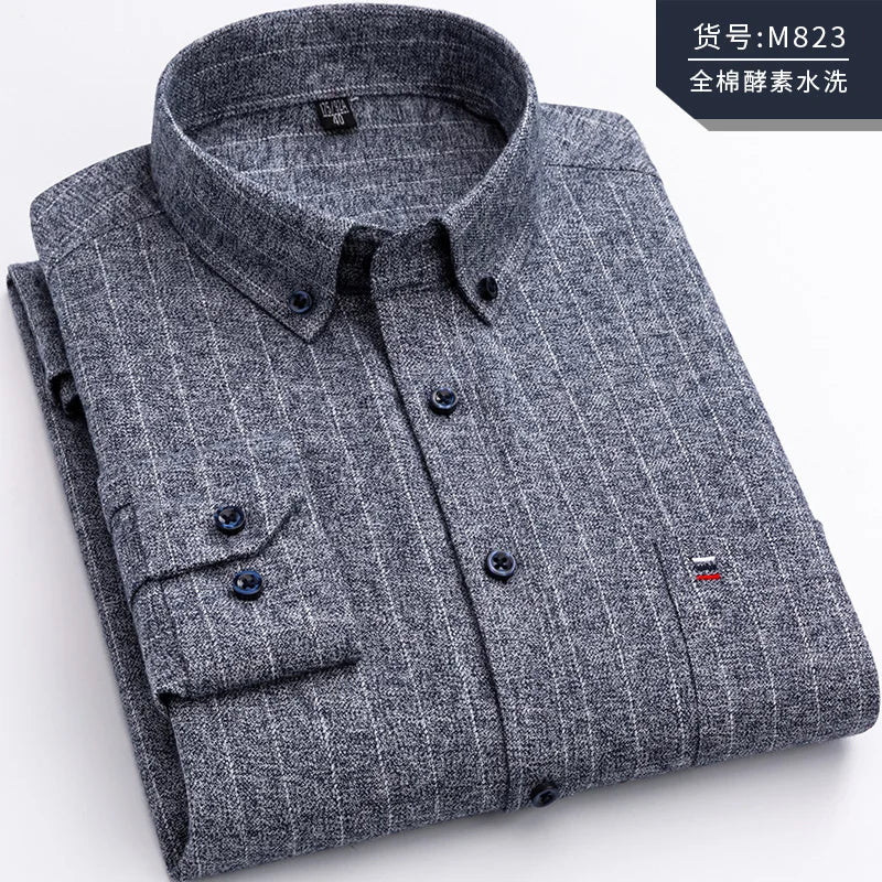 Pure Cotton Men's Plaid Shirt Long Sleeve Regular Fit Men Casual Oversized Shirt Leisure Autumn Male Clothes New Plus Size