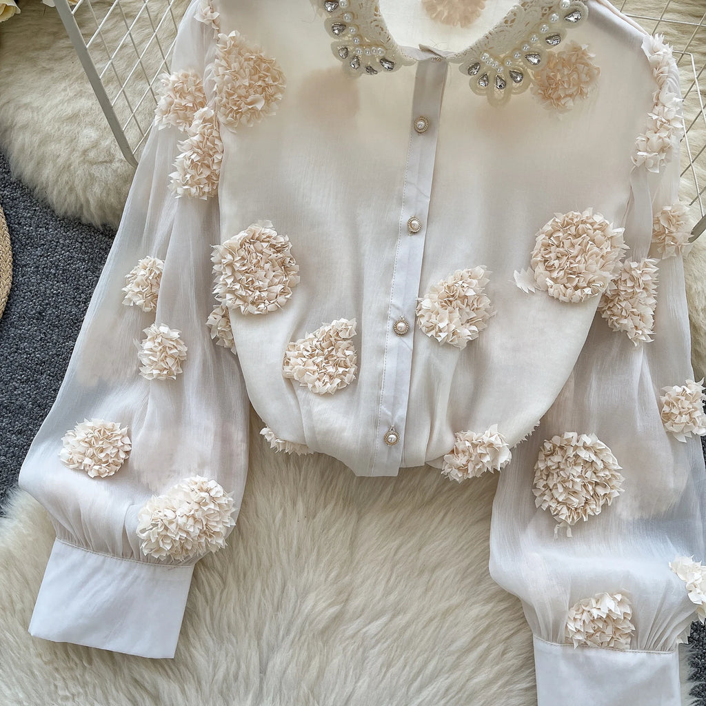 Blusa básica de manga comprida, gola polo vintage, gravata, abotoamento simples, solta, com strass, moda urbana francesa, blusa de outono