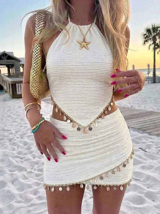 Kliou Tassel Decoration 2 Piece Set Woman Lace-UP Halter Backless Tank Tops+Skinny Mini Skirts Beach Party Sexy Fashion Outfits