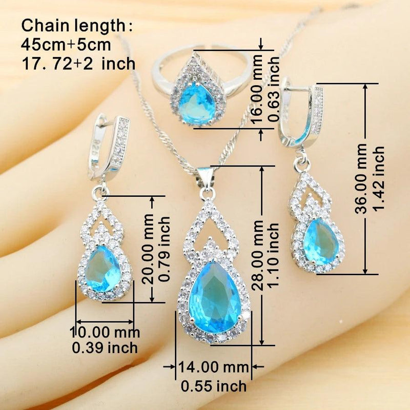 Fashion Sky Blue Water Drop Zirconia 925 Silver Jewelry Sets for Women Earrings Necklace Pendant Ring Bracelet Wedding Gift - CRAVO ROSE