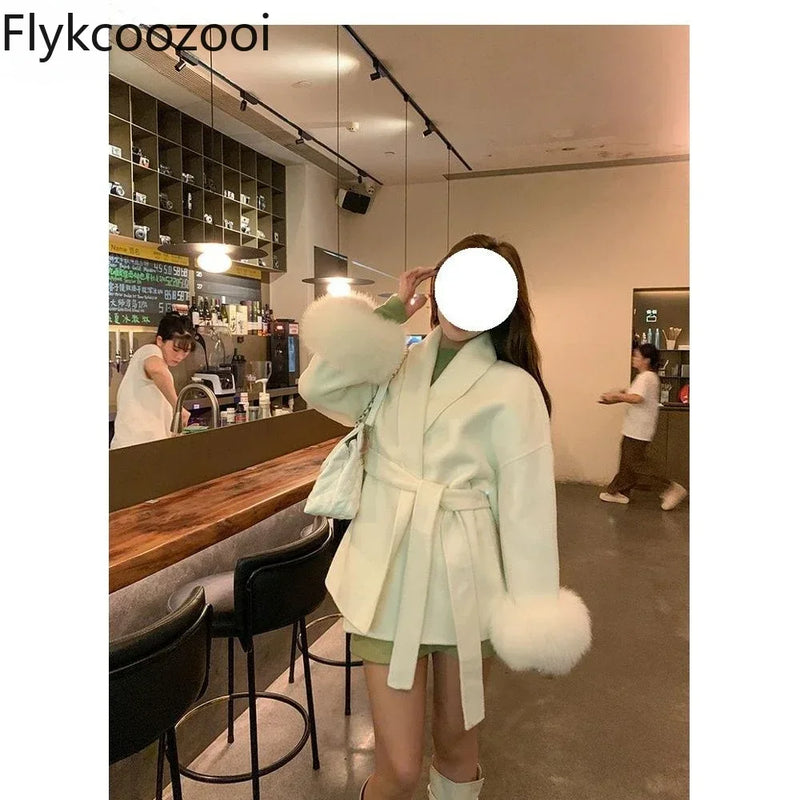 Camperas De Inverno de Cor Sólida Moda Cintura com Alça Outono e Inverno Novo Casaco de Lã Solto