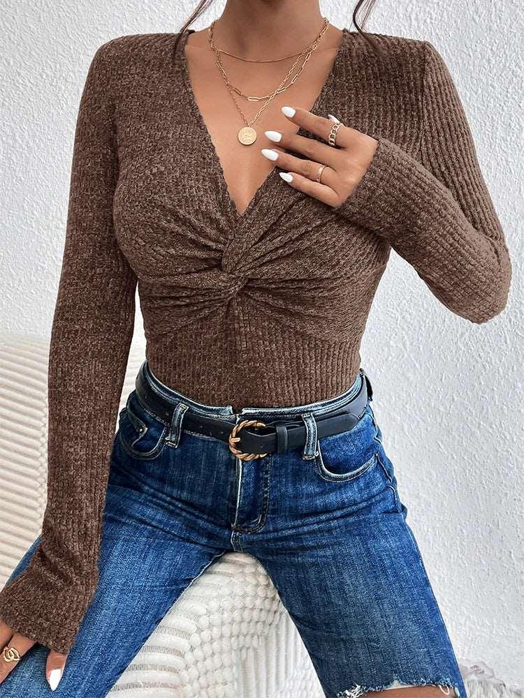 Bottom sexy hot diamond V-neck long sleeve split flared sleeve sweater knit autumn wear